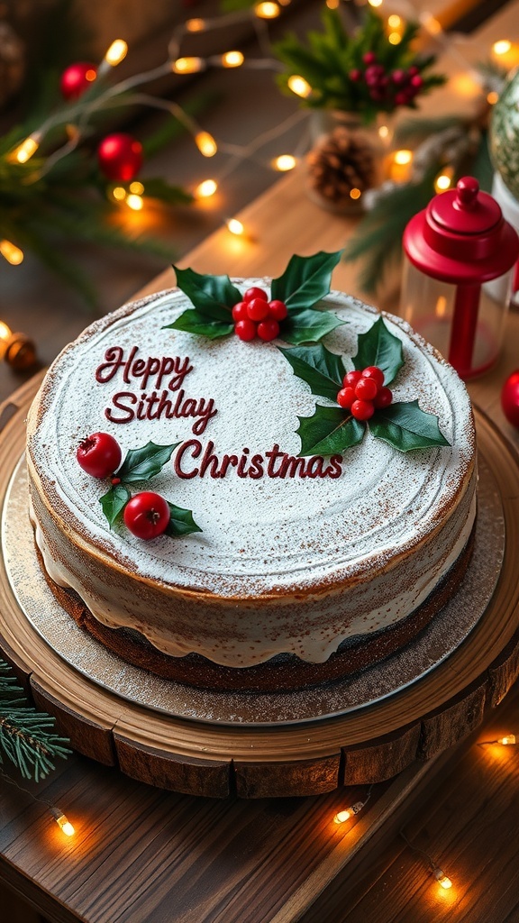 A festive Christmas cake decorated with holly and berries, set on a wooden table with holiday lights.